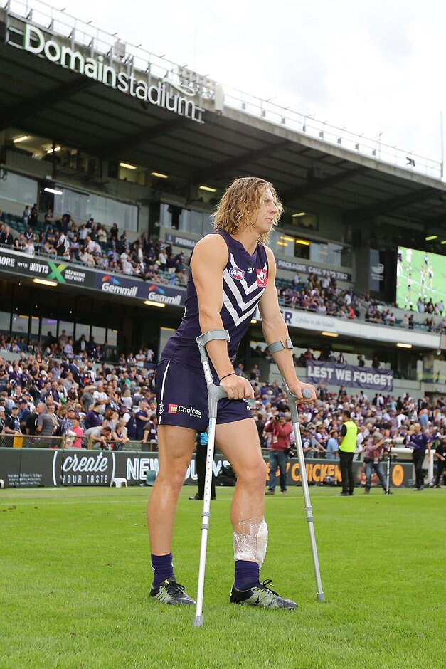 AFL 2016 Rd 05 - Fremantle v Carlton PERTH, AUSTRALIA - APRIL 24: Nathan Fyfe of the Dockers on crutches after the 2016 AFL Round 05 match between the Fremantle Dockers and the Carlton Blues at Domain Stadium, Perth on April 24, 2016. (Photo by Will Russell/AFL Media)